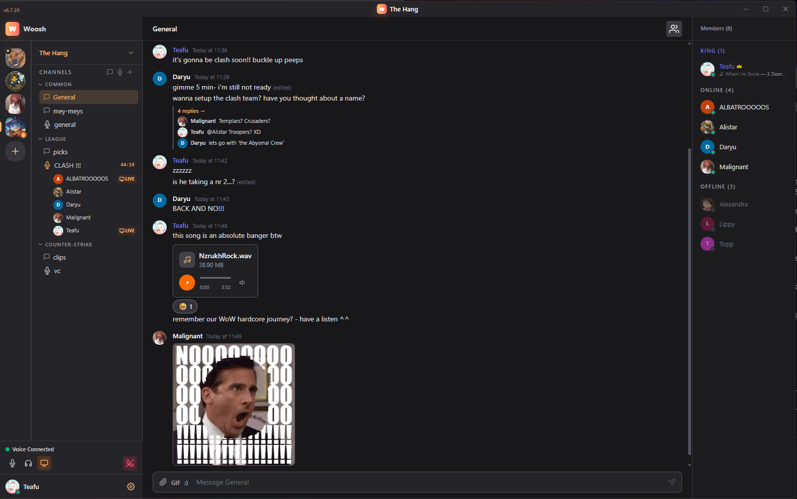 Woosh app showing a server with a voice channel mid-session, a thread brainstorming a team name, an audio file in chat, and a meme image.