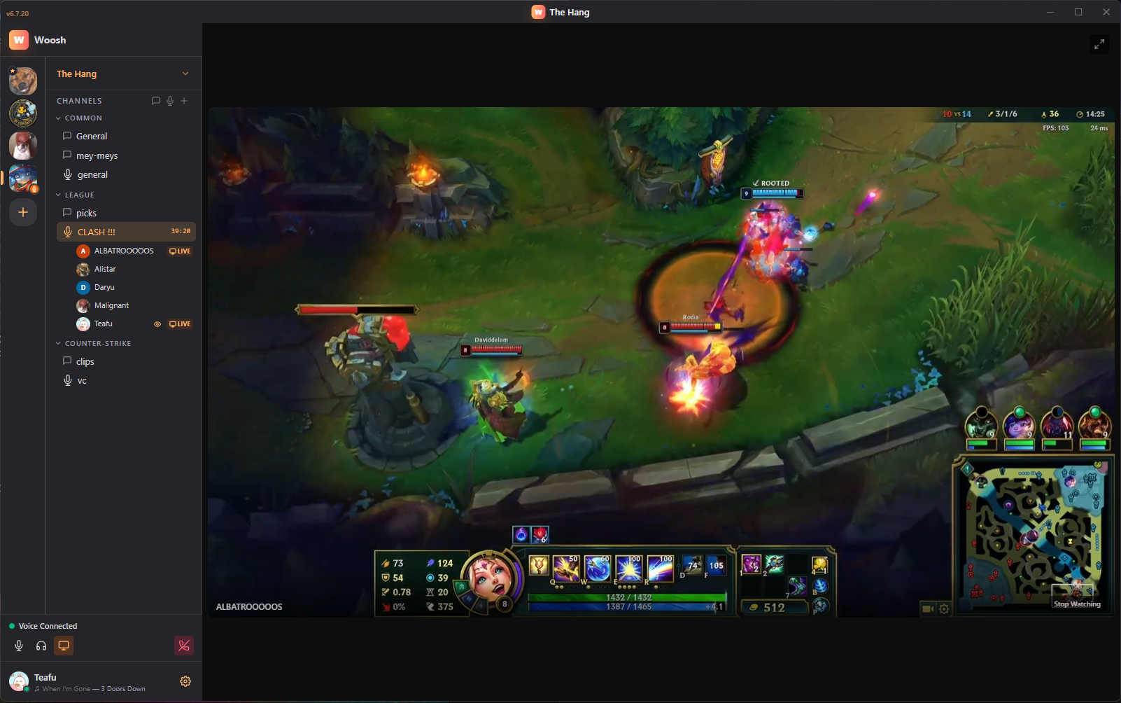 Screen sharing League of Legends gameplay through Woosh, with the voice room peers framing the share.