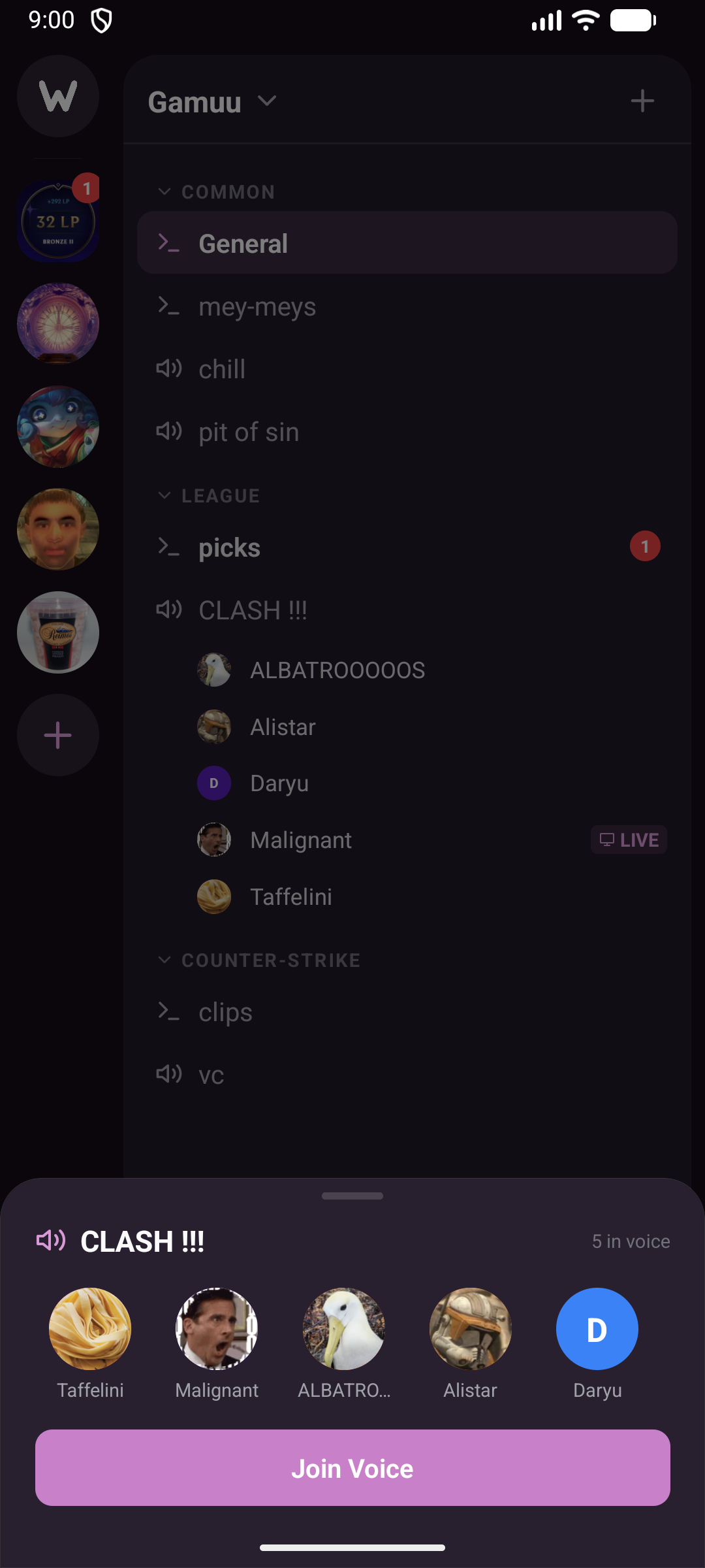 Woosh on a phone: a voice channel with five people connected — one tap on Join Voice and you're in.